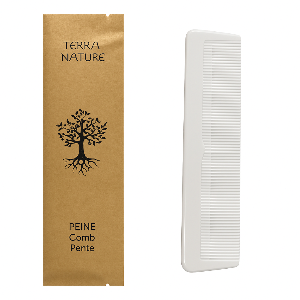 Straight Comb 2 tines Terra wholesale in FSC recycled kraft paper packaging.