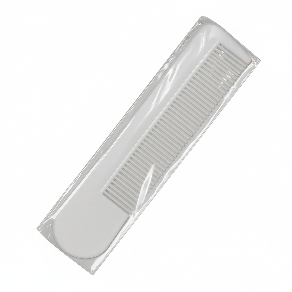 Hotel comb packaged in transparent flow pack.
