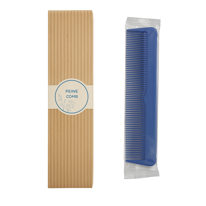 Rosemary Straight Comb 2 pins Blue wholesale in natural cardboard box for hotels.