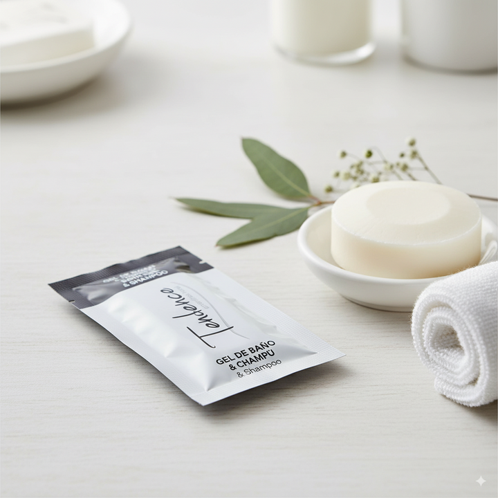 Gel and shampoo in sachet for hotels and hostels
