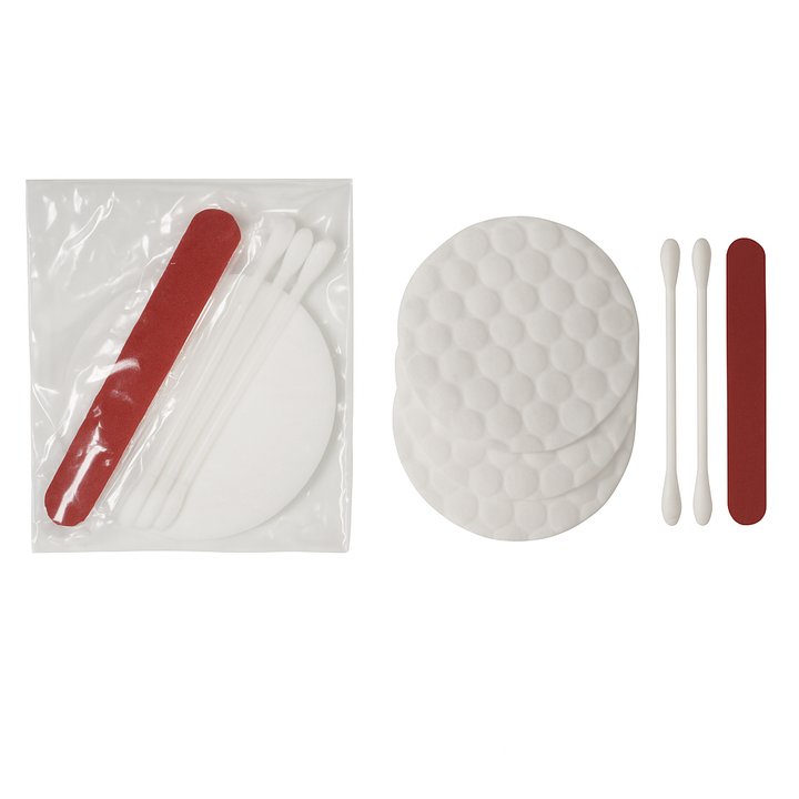 Female Set Cellophane in transparent flow pack bag with discs, sticks and file