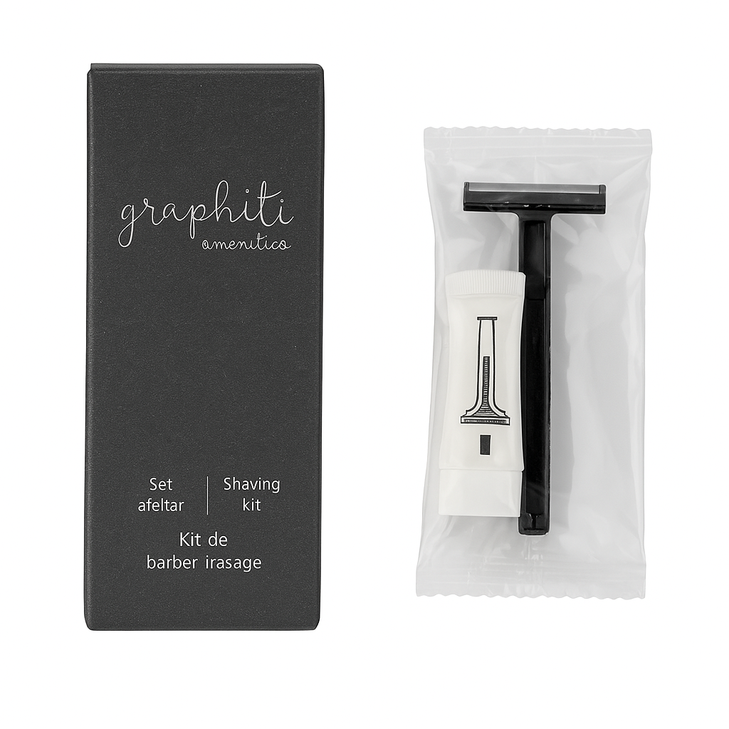 Black Shaving Set with razor and cream in a black cardboard box for hotels.