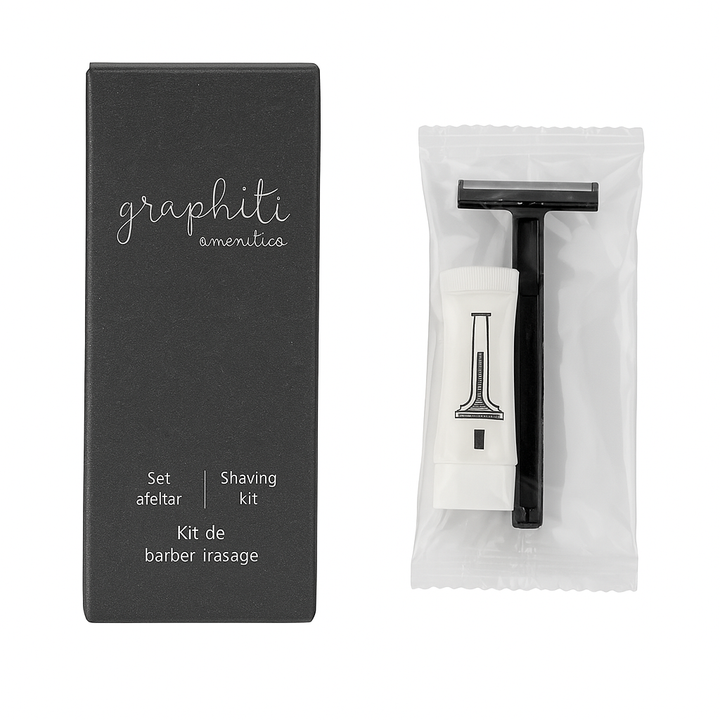 Black Shaving Set with razor and cream in a black cardboard box for hotels.