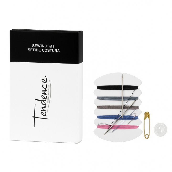 Hotel sewing set with threads, buttons and needle in cardboard box for hotels.