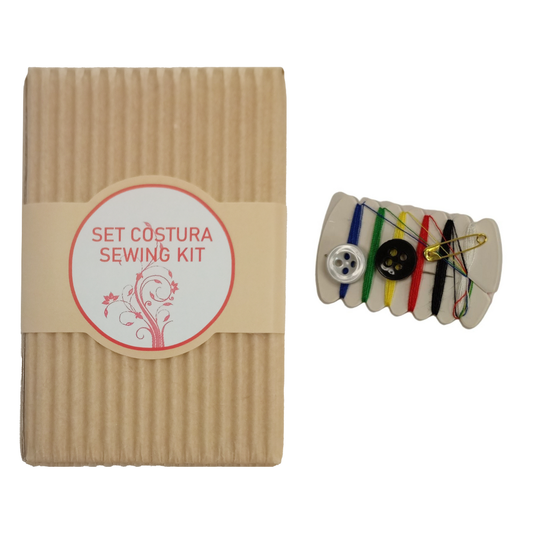 Romero sewing set with threads, buttons and needle in natural cardboard for hotels.
