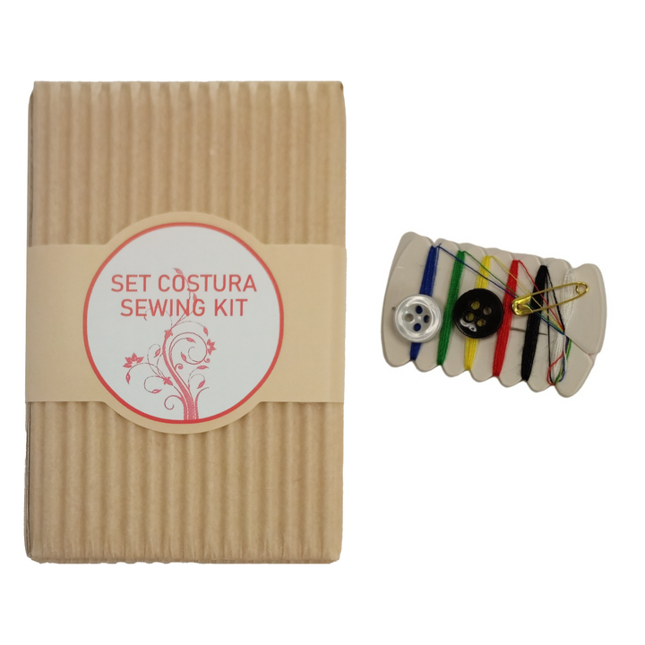 Romero sewing set with threads, buttons and needle in natural cardboard for hotels.