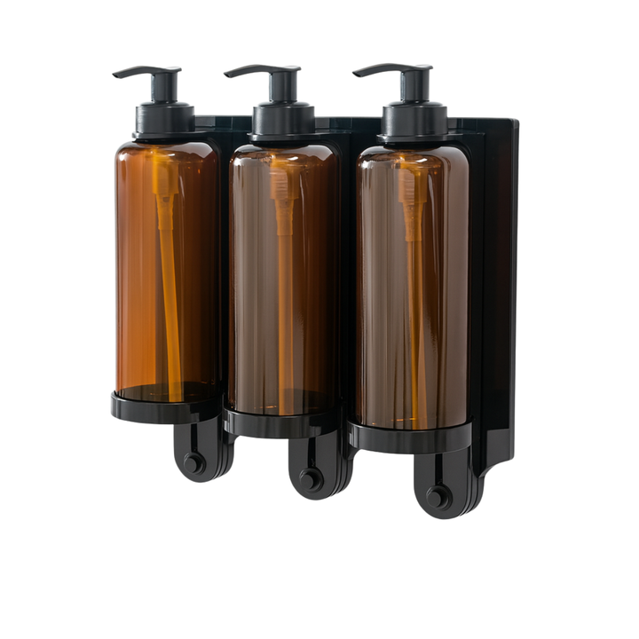 Triple plastic holder for hotel wall dispenser
