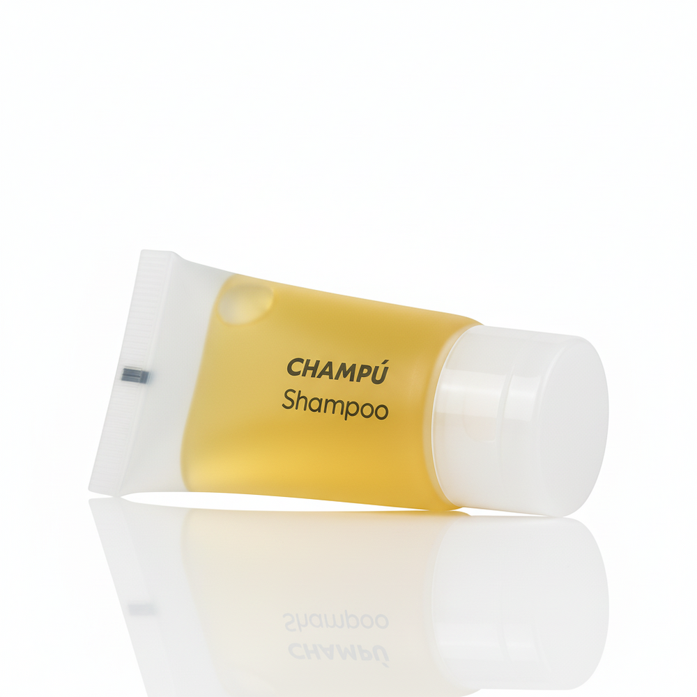 Hotel shampoo tube. Bathroom amenities collection.