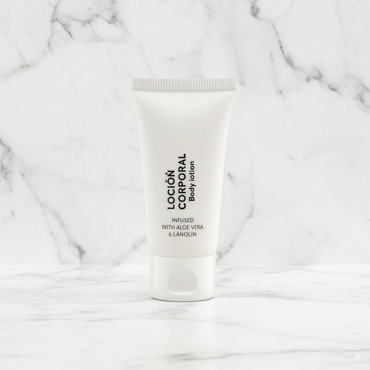 Single bottle of hotel body lotion, formula with aloe vera.