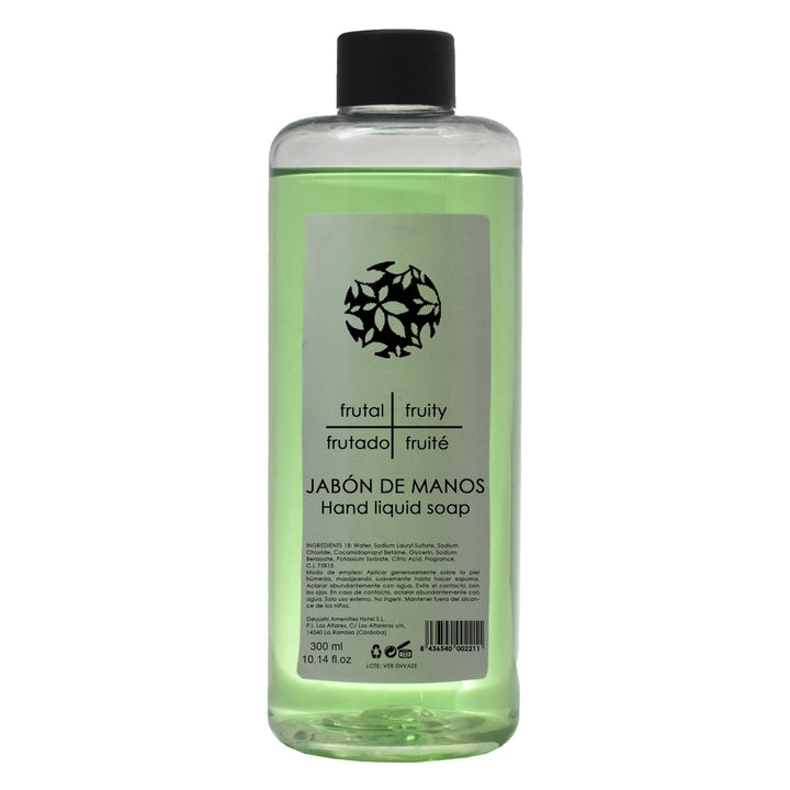 Bottle for hand soap dispenser in hotels, compatible with pump and holder.