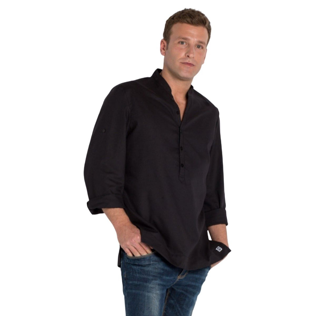Black men's shirt ideal as a waiter's jacket for hotels and restaurants.