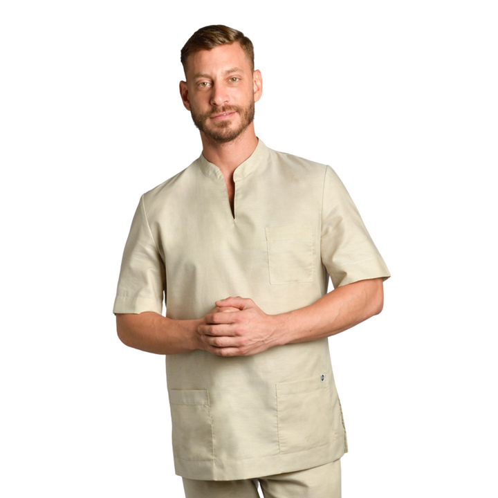 Men's beige coat with mao collar for spa uniforms