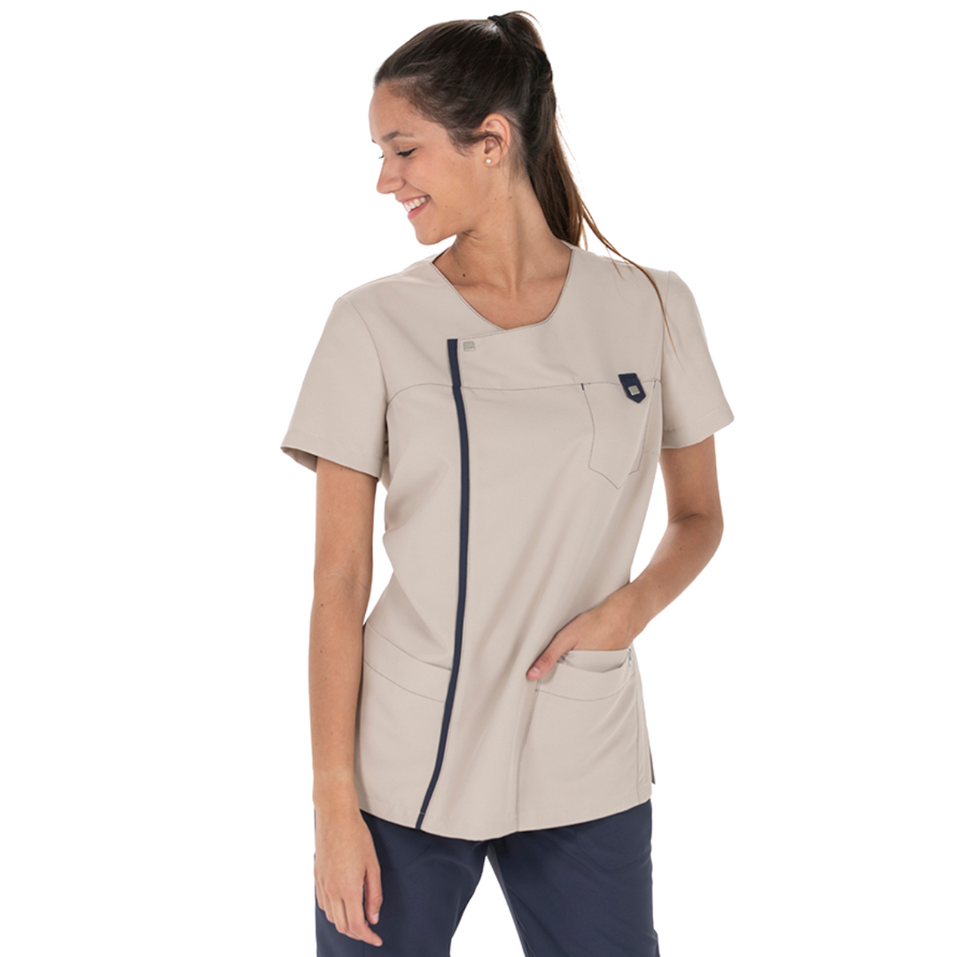 Women's beige microfiber jacket, ideal for spa uniforms.