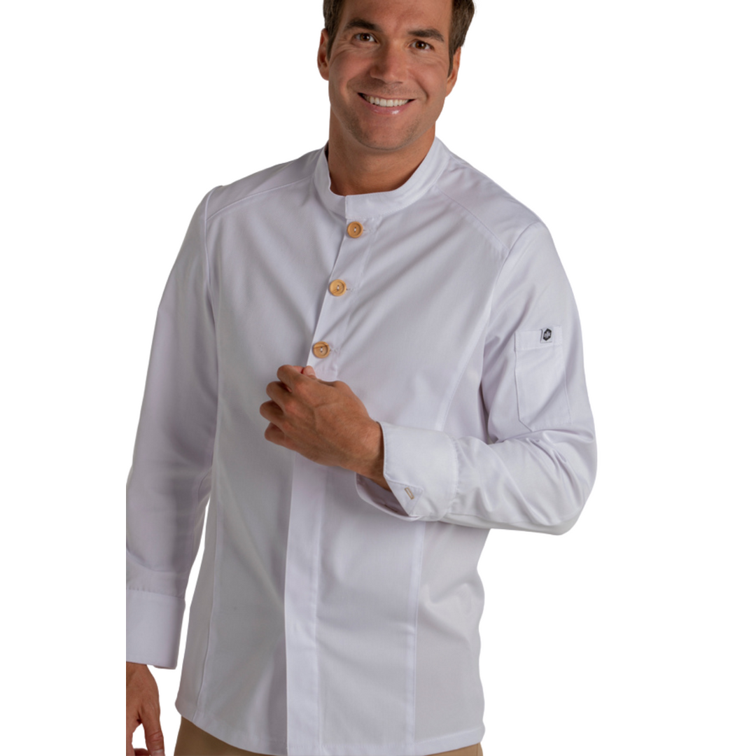 White waiter jacket with sleeve pocket and mao collar