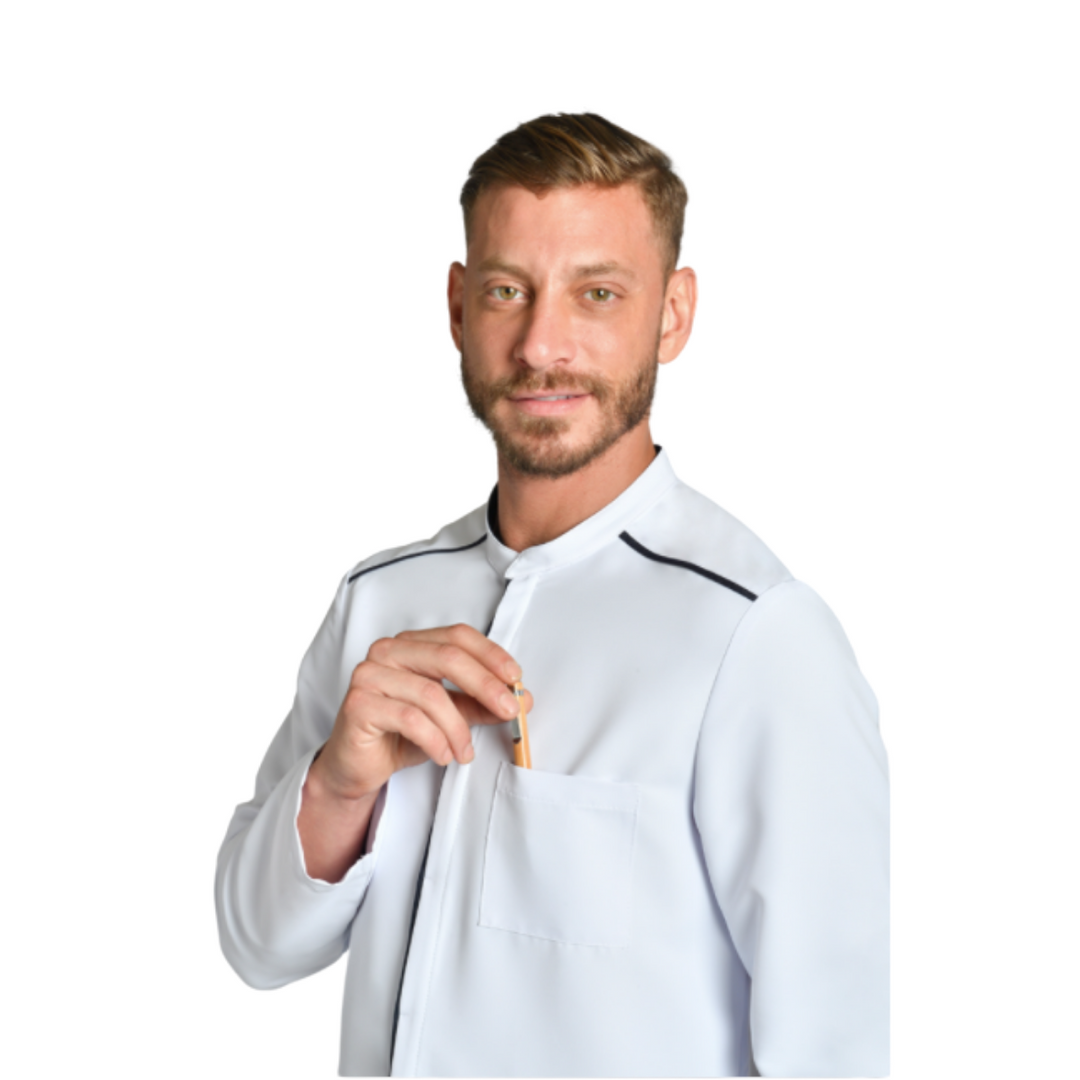 Men's professional spa uniform in black with denim details