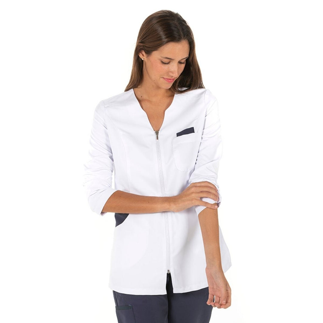 Women's blue luxury spa uniform with reverse zipper