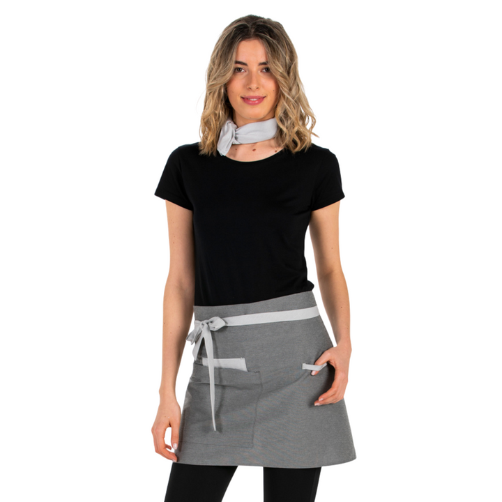 Short grey canvas apron for waiters and waitresses in the hotel and catering industry.