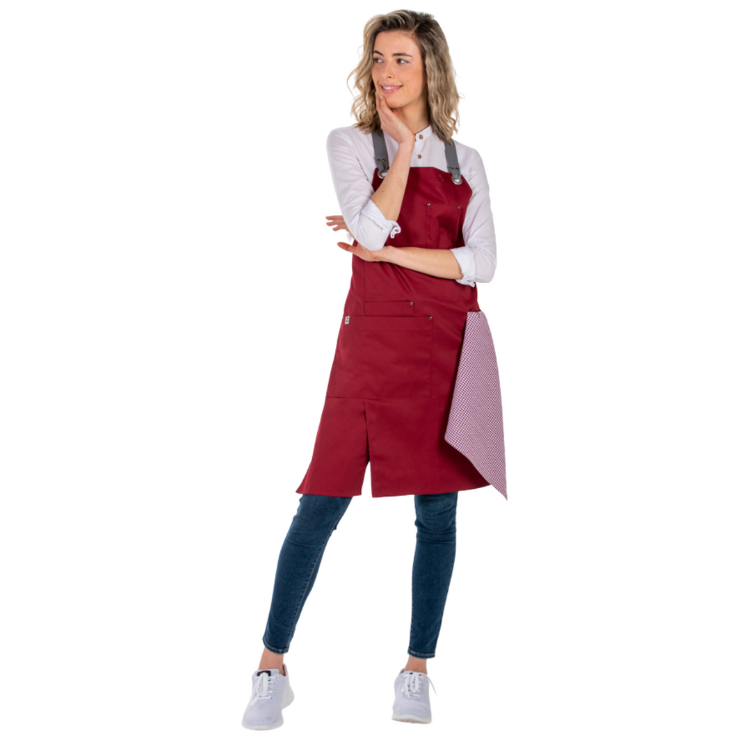Maroon dungarees apron with side belt loop and resistant fabric