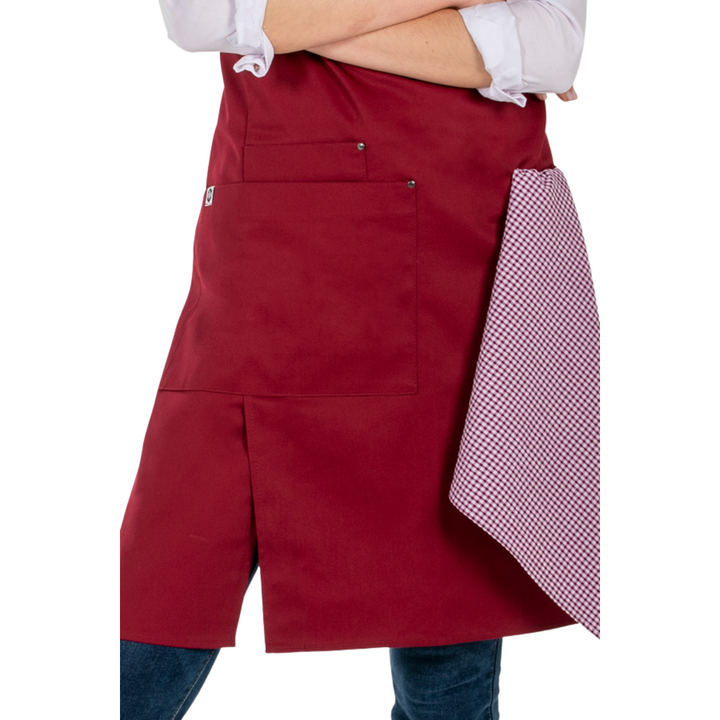 Maroon catering apron with crossed back straps