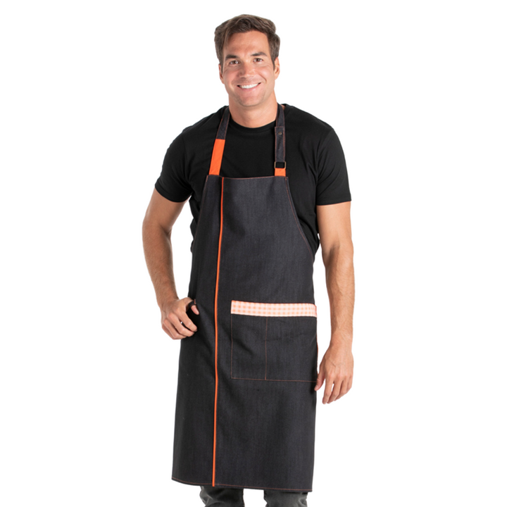 <br>Black Denim Apron Bib Orange Check Pattern