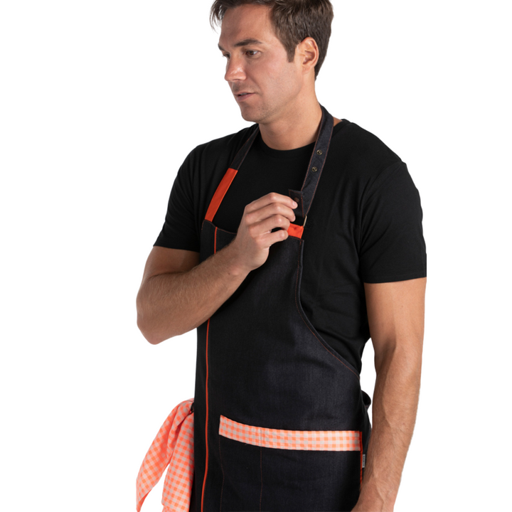 <br>Black Denim Apron Bib Orange Check Pattern