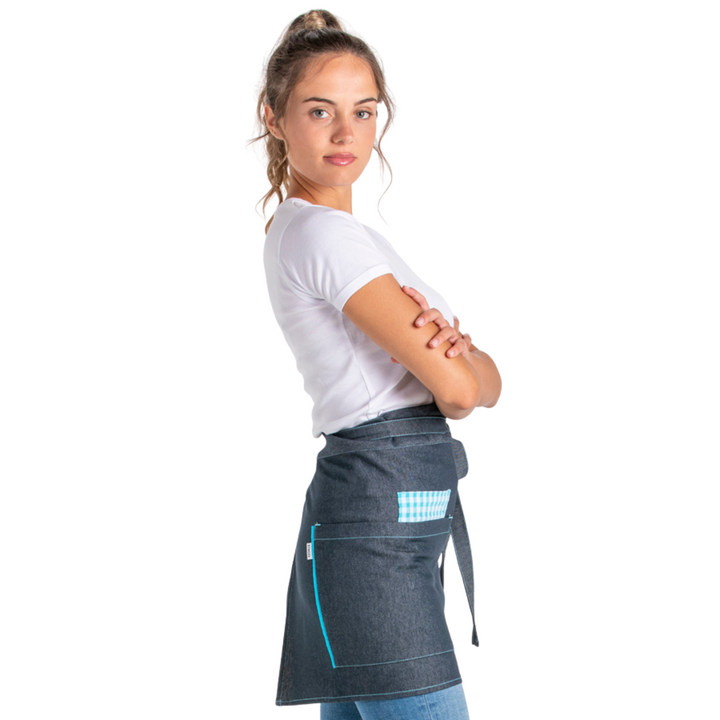 Short Denim Apron Blue Check Pattern