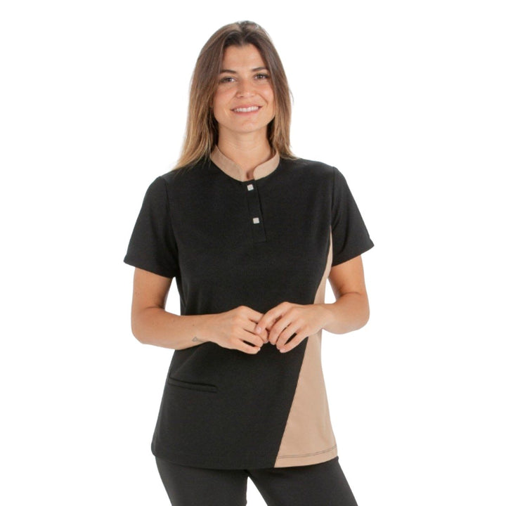 Women's black polo shirt with sand side and mao collar for hospitality industry