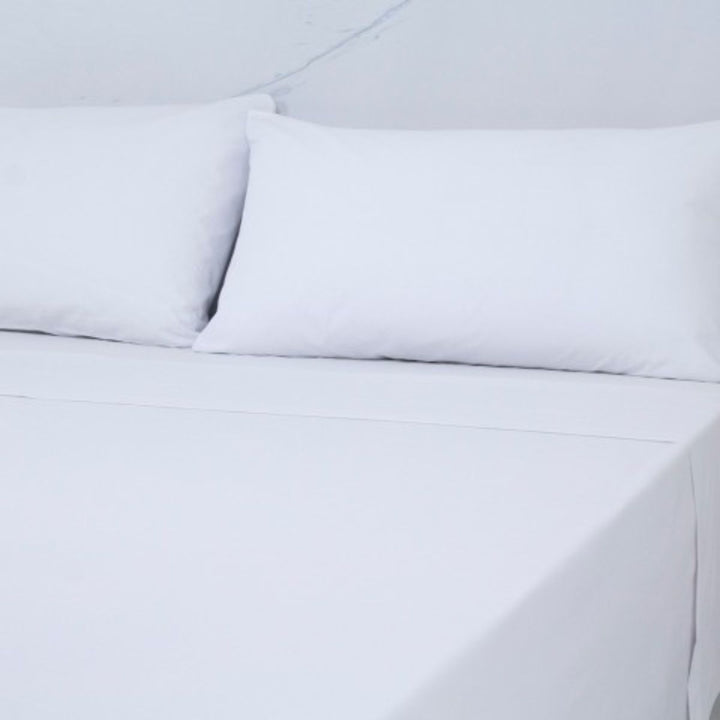 White 144 thread count 100% cotton hotel white top sheets on 28 cm bed