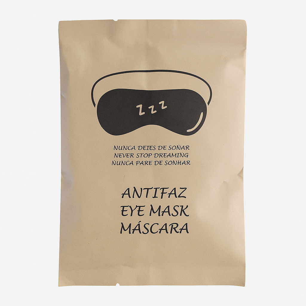 Masque de sommeil hôtelier en mousse et tissu non tissé, confortable et ajustable.