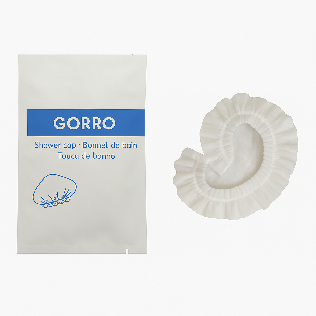 Bonnet de douche biodégradable au jasmin, fabriqué à partir de pulpe de maïs.