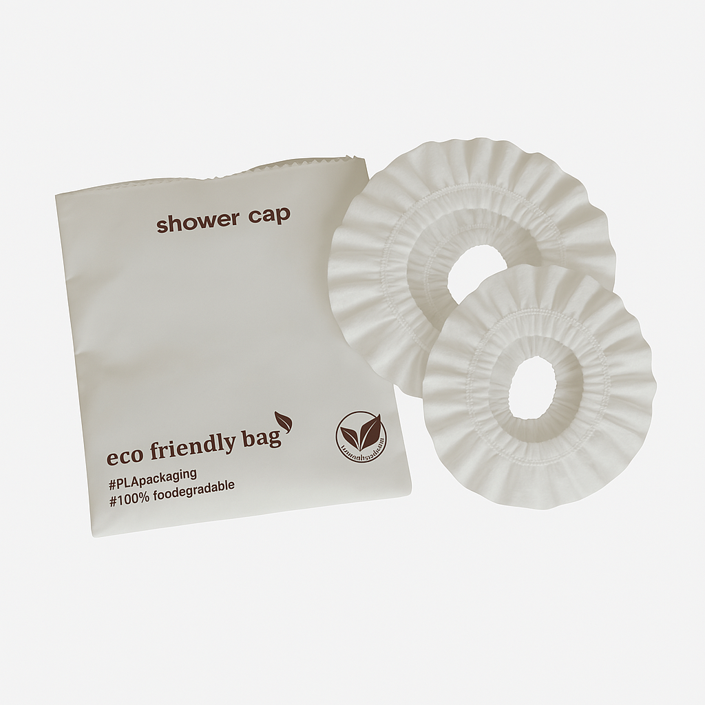 Bonnets de douche et bonnets de bain fabriqués à partir de pulpe de maïs durable.