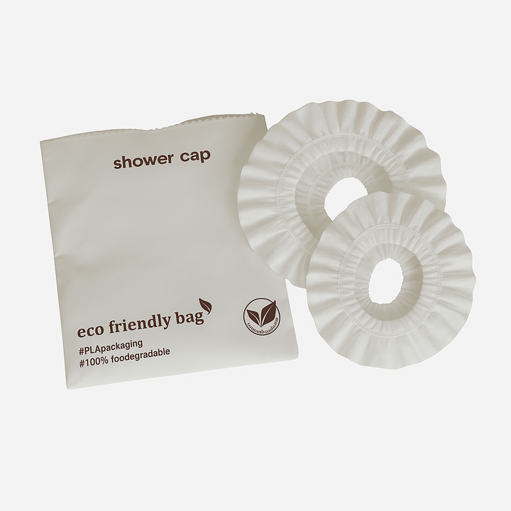 Bonnets de douche et bonnets de bain fabriqués à partir de pulpe de maïs durable.