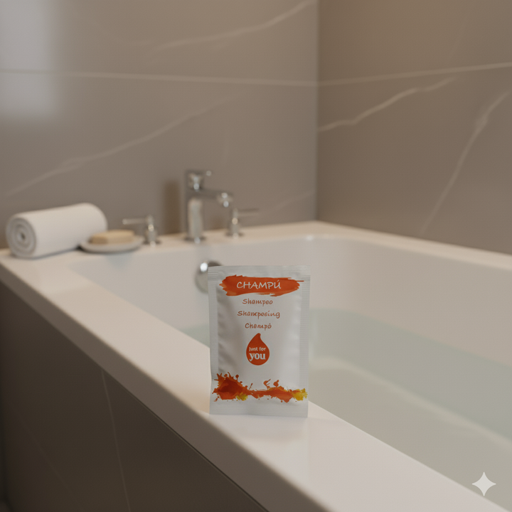 Sachet unique de 10 ml de shampoing pour hôtels, format unidose pratique, disponible en vrac.