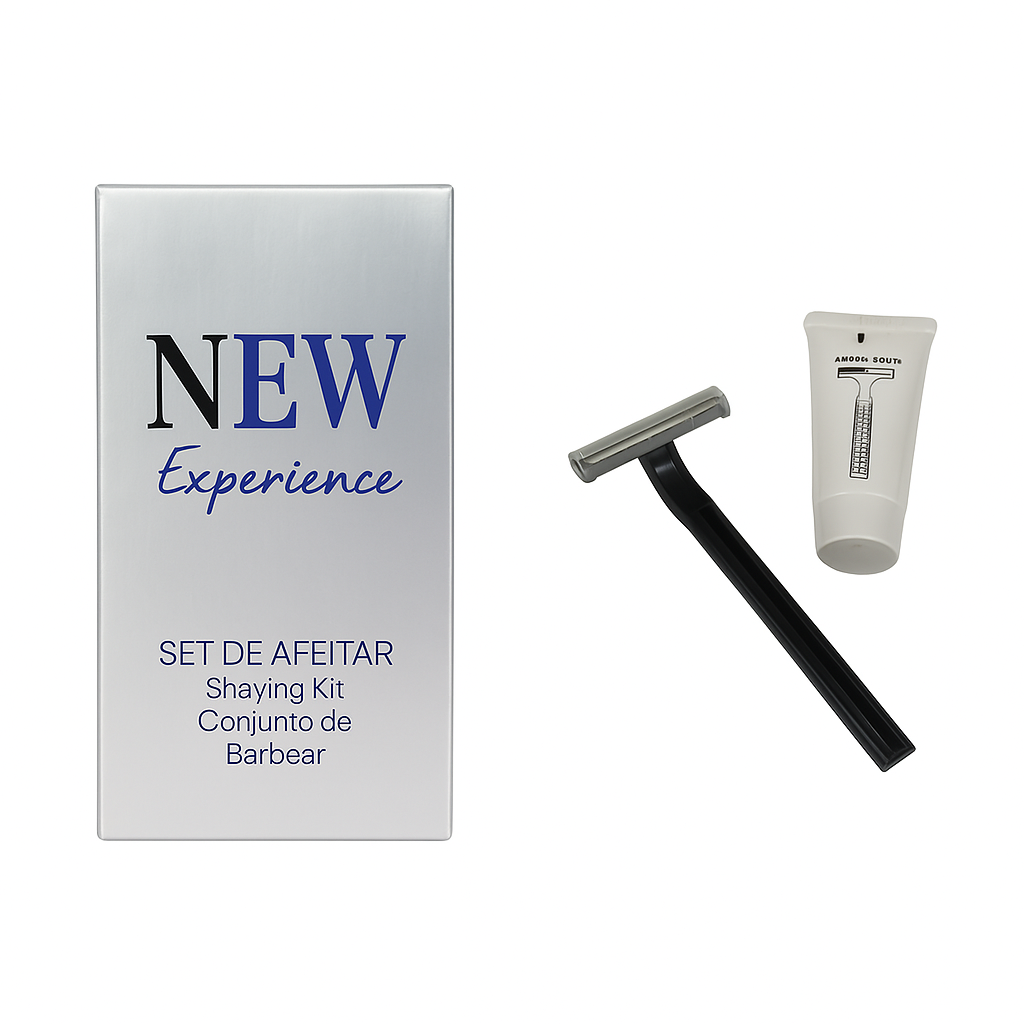 Set de rasage Nex avec rasoir et crème dans une boîte en carton blanc pour les hôtels.