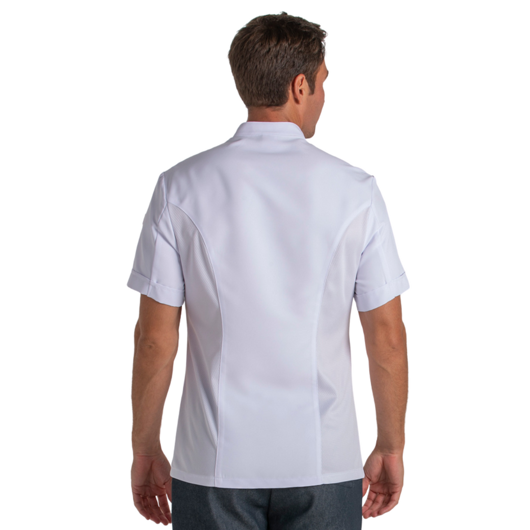 Détail de la veste de cuisine blanche en microfibre avec grille latérale