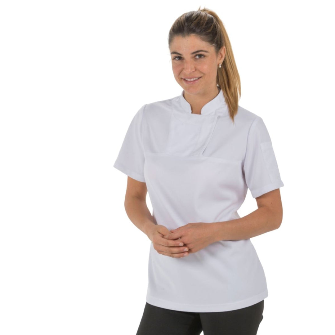 Veste professionnelle blanche à manches courtes avec col mao