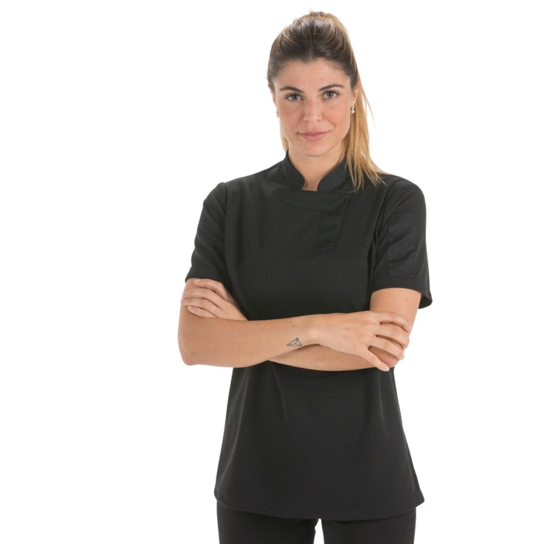 Veste de chef noire à manches courtes avec col mao design professionnel