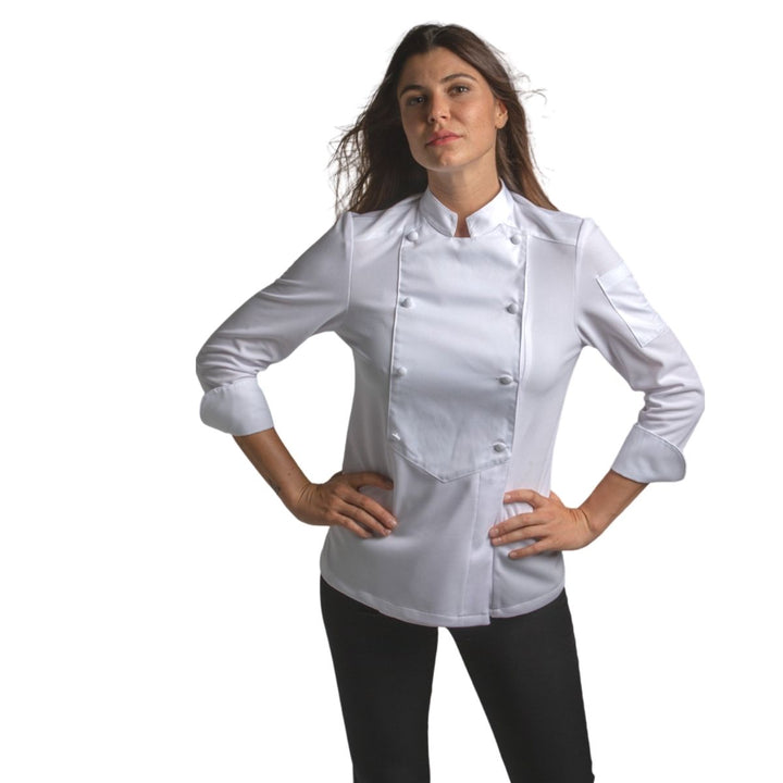 Uniforme féminin de chef cuisinier blanc à manches longues uniforme de restauration ajusté à manches longues