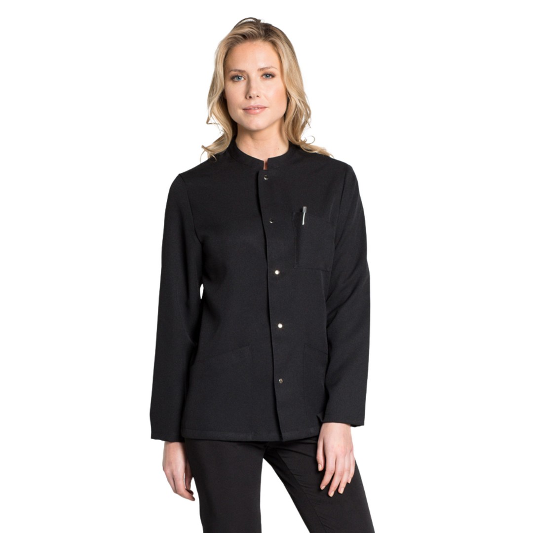 Veste d'hospitalité unisexe noire avec collier et manches longues
