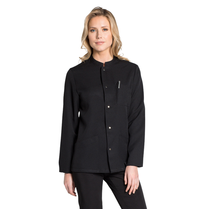 Veste d'hospitalité unisexe noire avec collier et manches longues