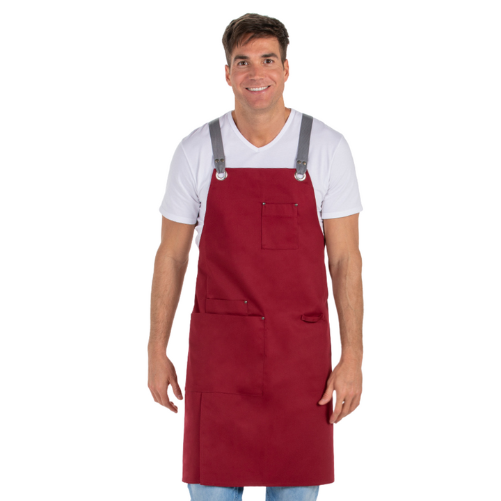 Tablier à bavette bordeaux pour les serveurs et serveuses professionnels du secteur de l'hôtellerie et de la restauration