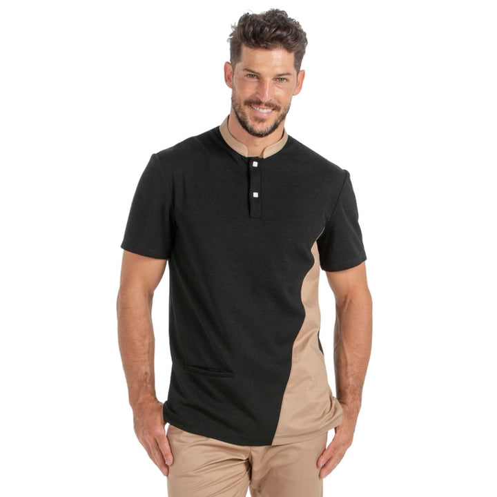 Polo noir pour homme avec côté sable et col mao pour l'hôtellerie et la restauration