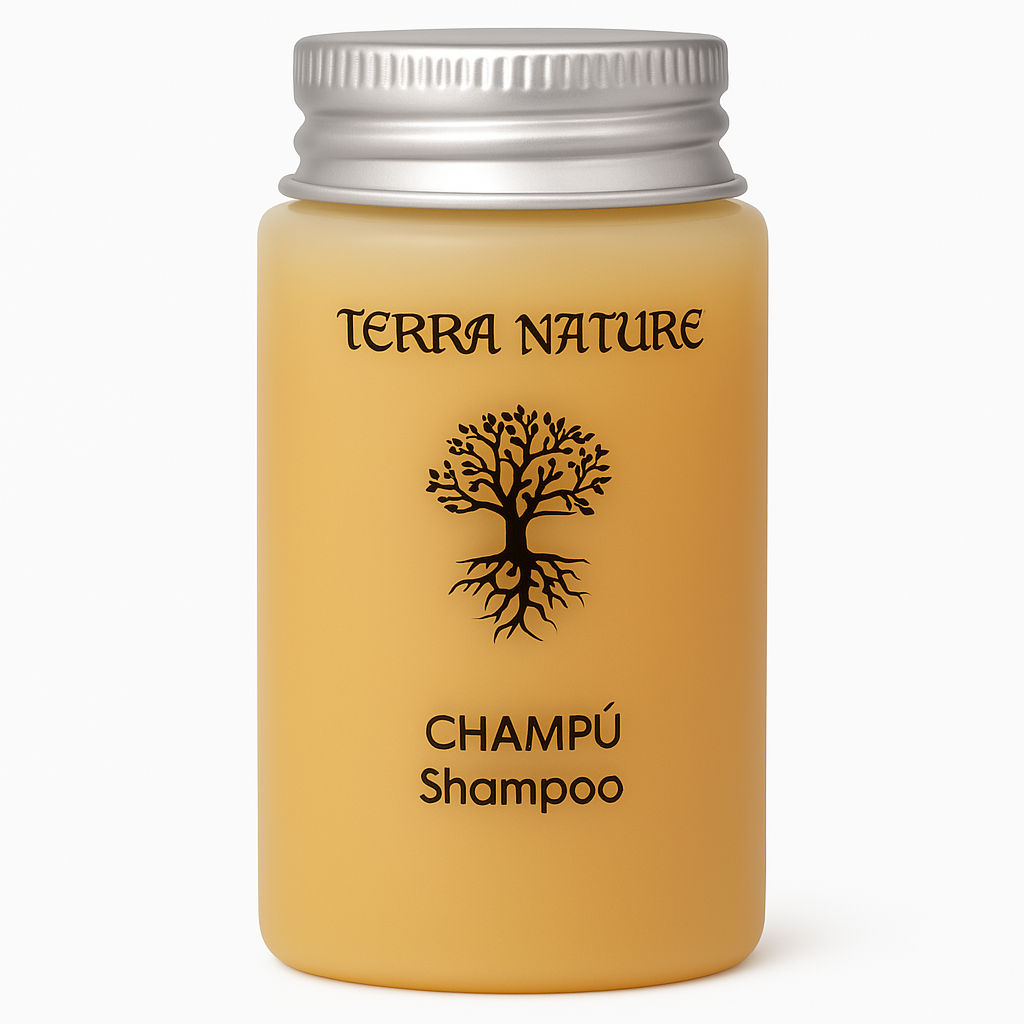 Flacone di shampoo per hotel Terra Nature da 30 ml in formato singolo, ideale per l'amenities e l'acquisto all'ingrosso.