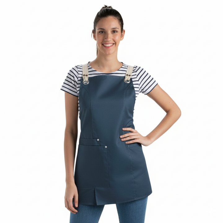 Salopette da bambina blu petrolio con tasche rinforzate per la ristorazione.