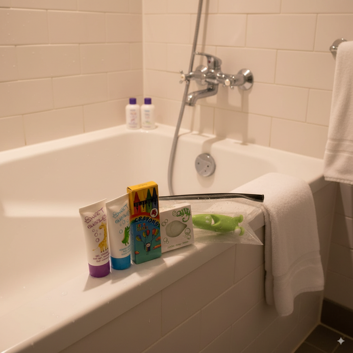 Borsa da bagno per bambini per hotel con spugna e matite colorate