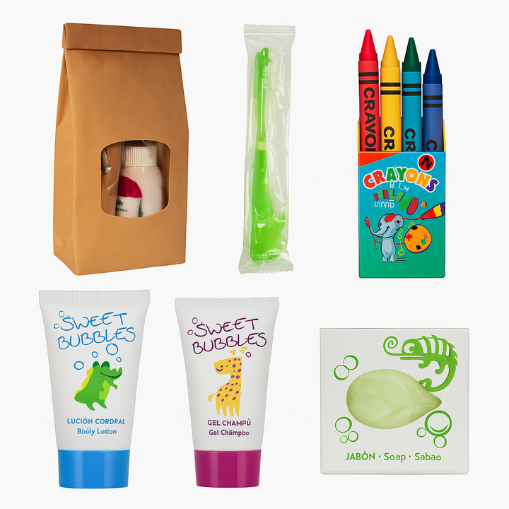Kit per bambini Borsa Kraft con gel, shampoo, lozione, sapone, spazzolino e spazzolino da denti