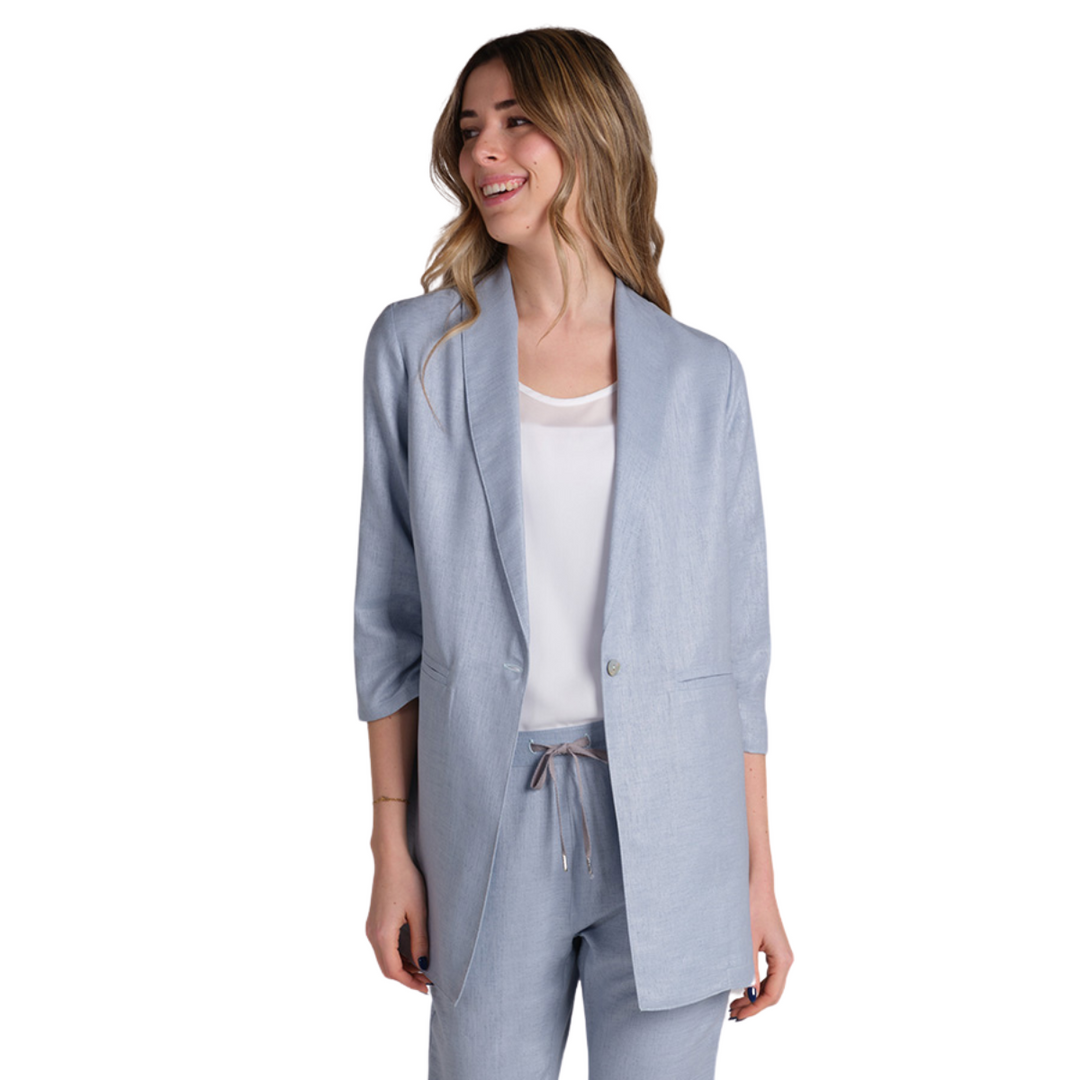 Indumento professionale alberghiero azzurro con maniche a 3/4 e arricciature