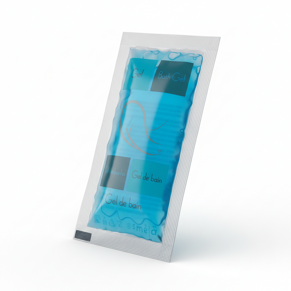 Gel da bagno per hotel in bustina da 15 ml.