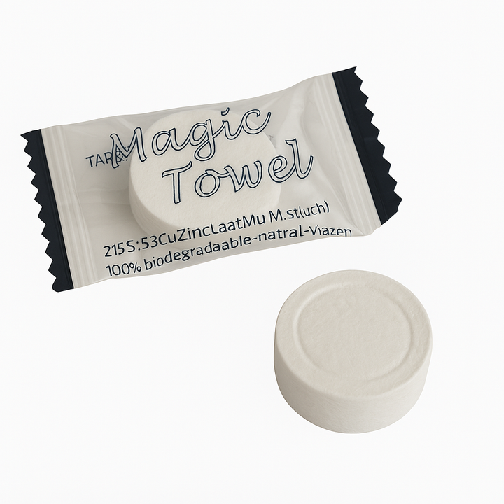 Salviette da bagno compatte pronte per l'uso nelle camere d'albergo.