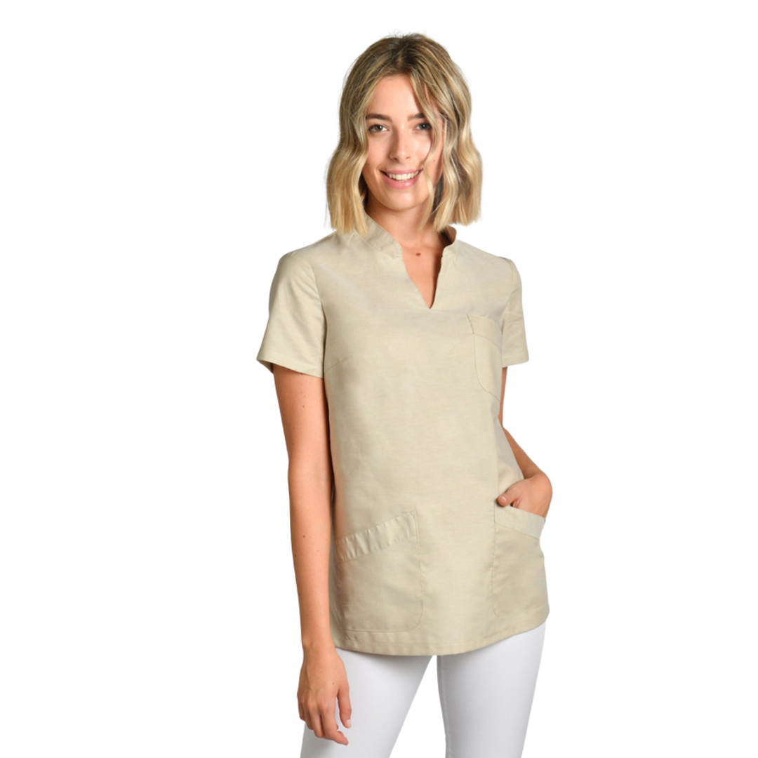 Camice con colletto alla Mao, ideale per le uniformi dei centri benessere.